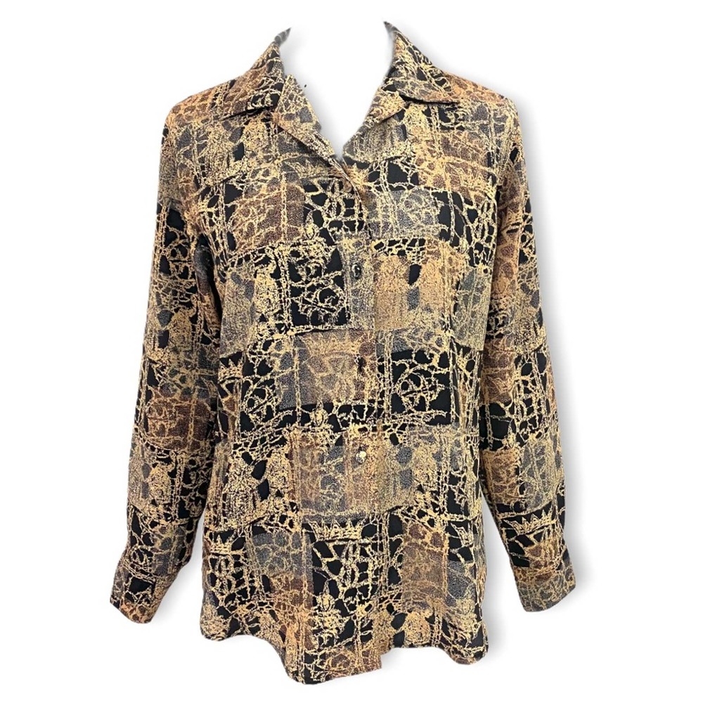 La Caviar Tan and Black Abstract Button Up Blouse